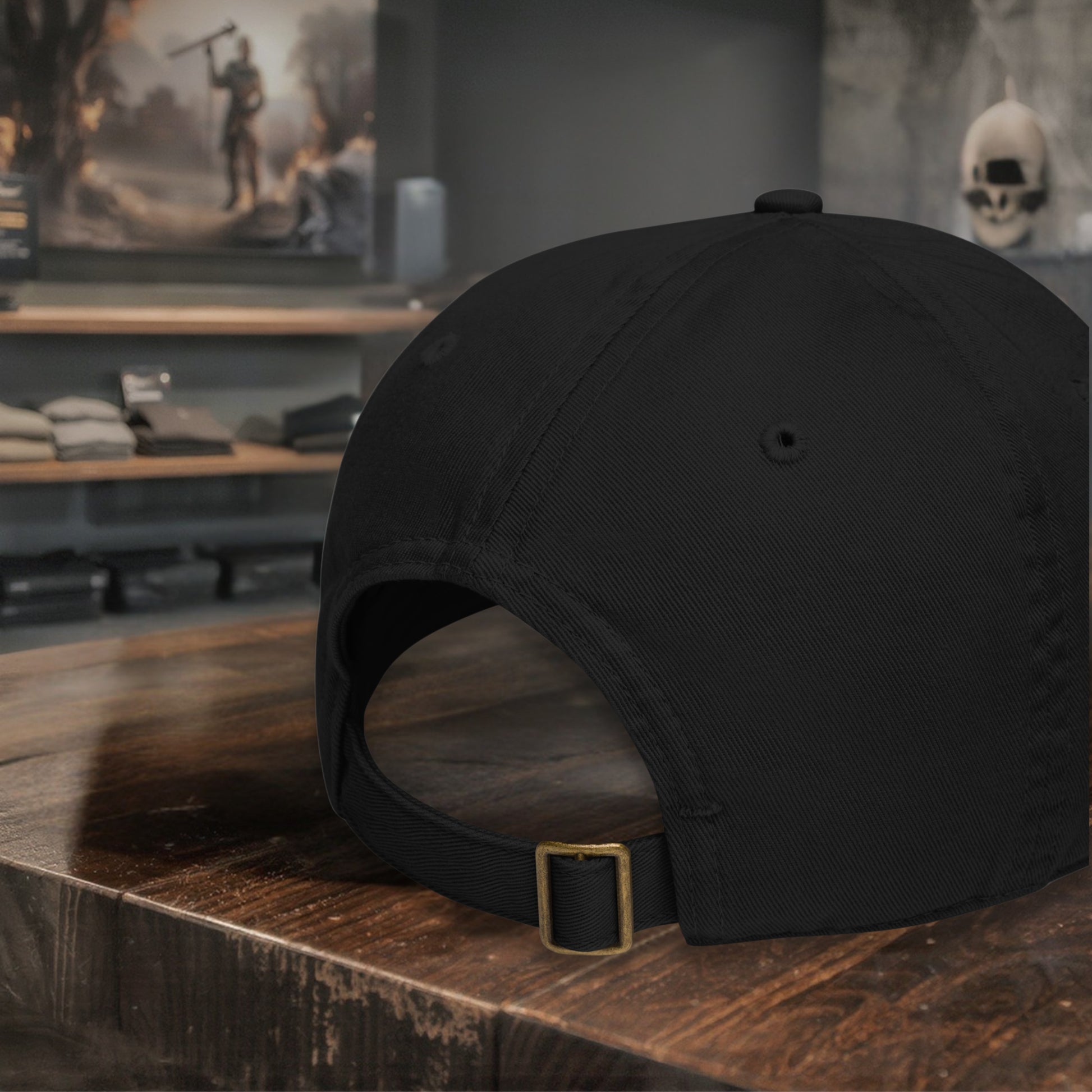 Rear view of The Knight’s Path black cap on a wooden surface, highlighting the adjustable brass buckle strap and clean back panels.