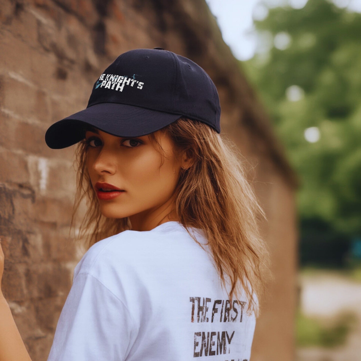 Female model in a The Knight’s Path cap and “The first enemy wears your face” tee, standing by a brick wall outdoors, looking back toward the camera.