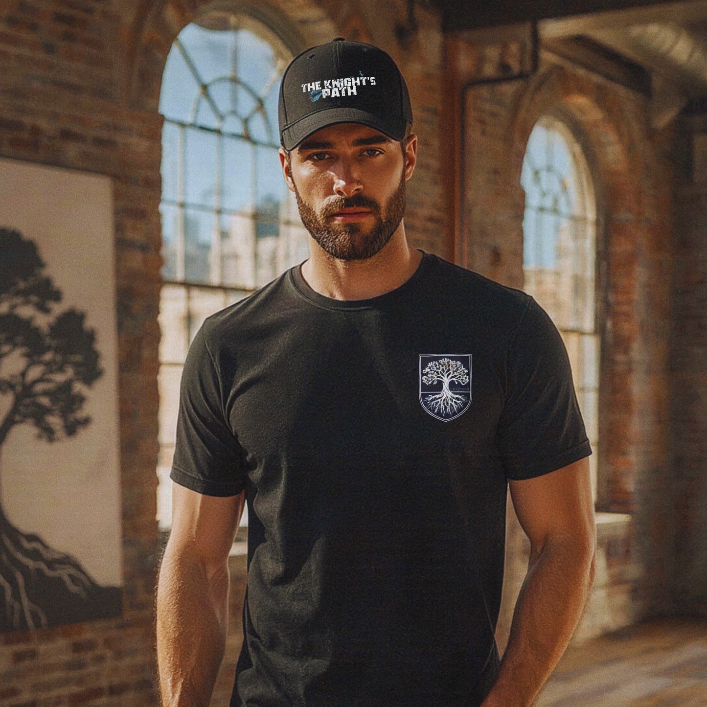 Bearded male model wearing The Knight’s Path cap and tree-crest tee in a brick loft studio, styled like a warrior off duty from Chapter 1 of the story.