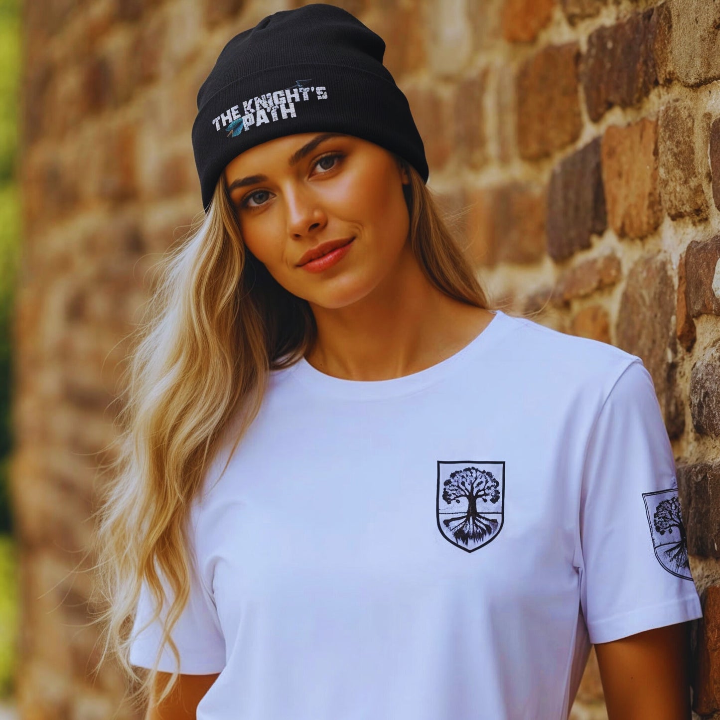 Close-up of woman wearing The Knight’s Path black beanie and white crest T-shirt, leaning against a brick wall outdoors.