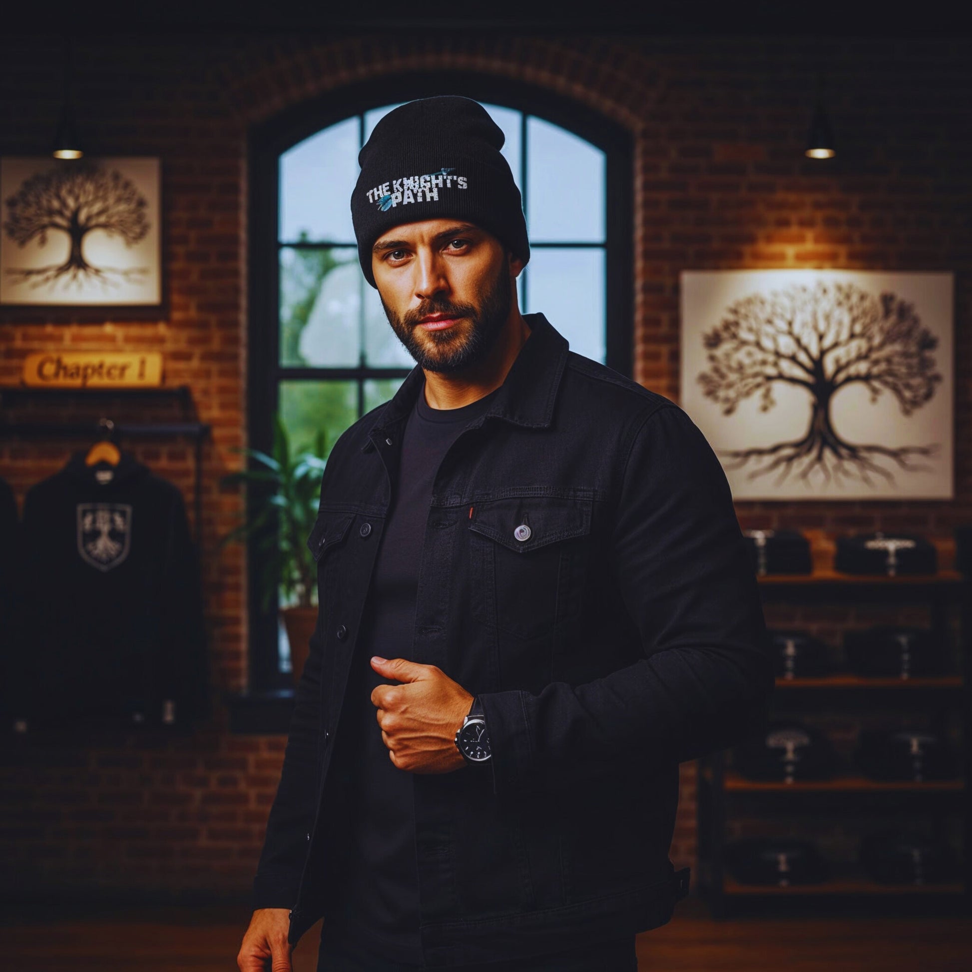 Man in black denim jacket wearing The Knight’s Path black beanie in the Knight’s Path Chapter 1 store, with tree crest canvases on the wall behind him.