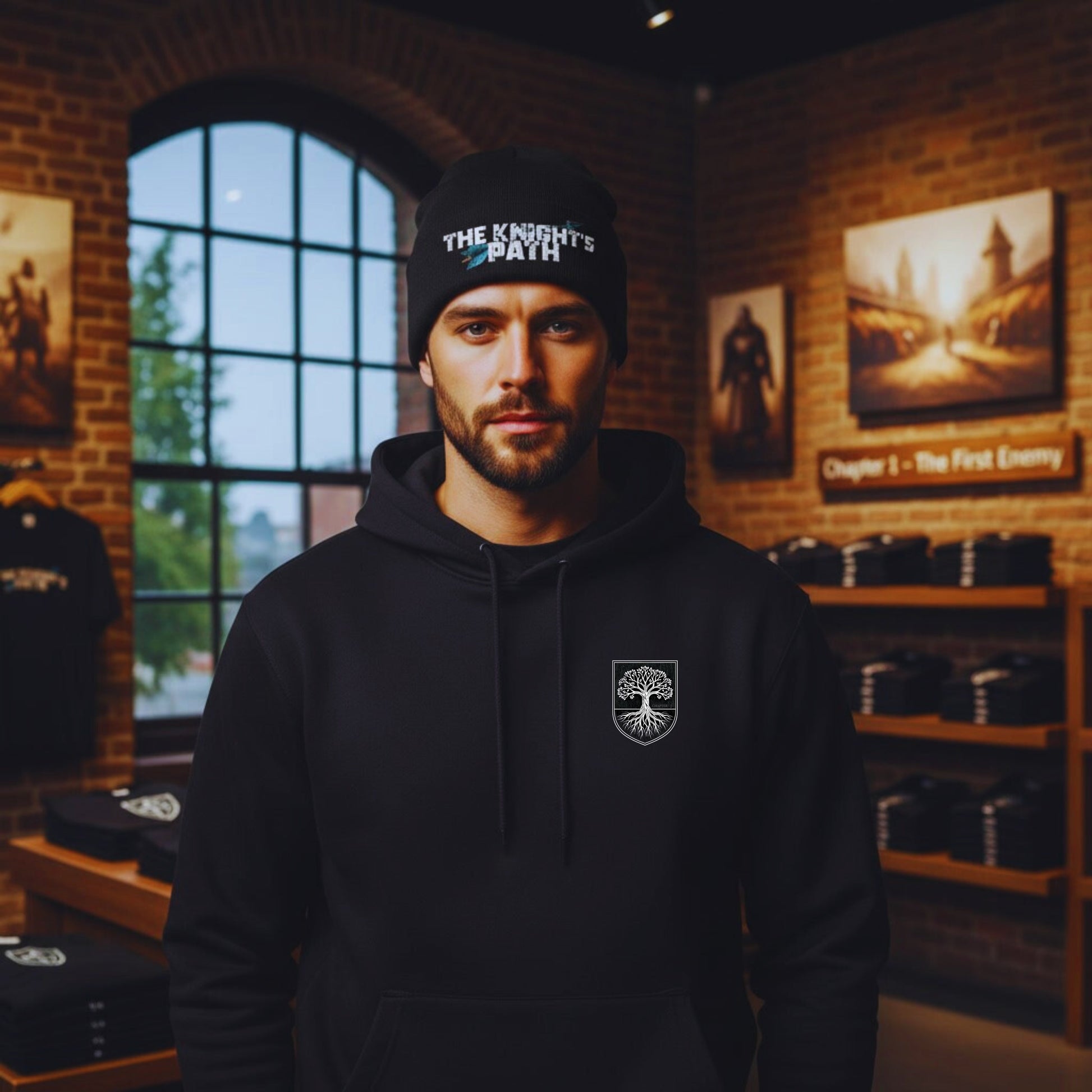 Man wearing The Knight’s Path black beanie and black hoodie inside the Chapter 1 – The First Enemy Motiv8 store, standing in front of an arched window.