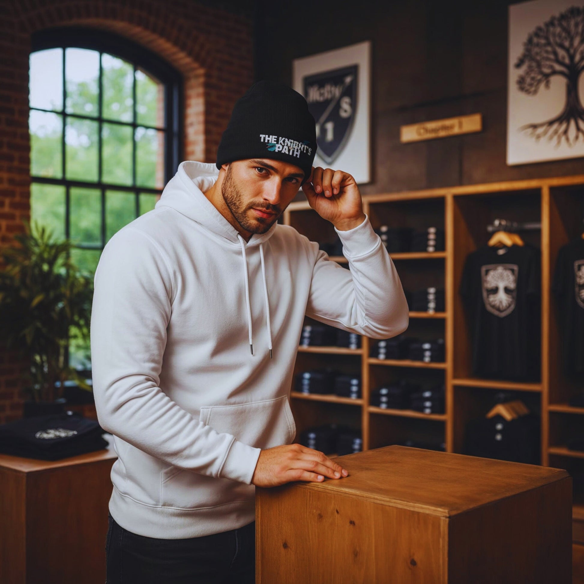 Man in a white hoodie adjusting The Knight’s Path black beanie beside a wooden display pedestal inside the Chapter 1 – The First Enemy store section.