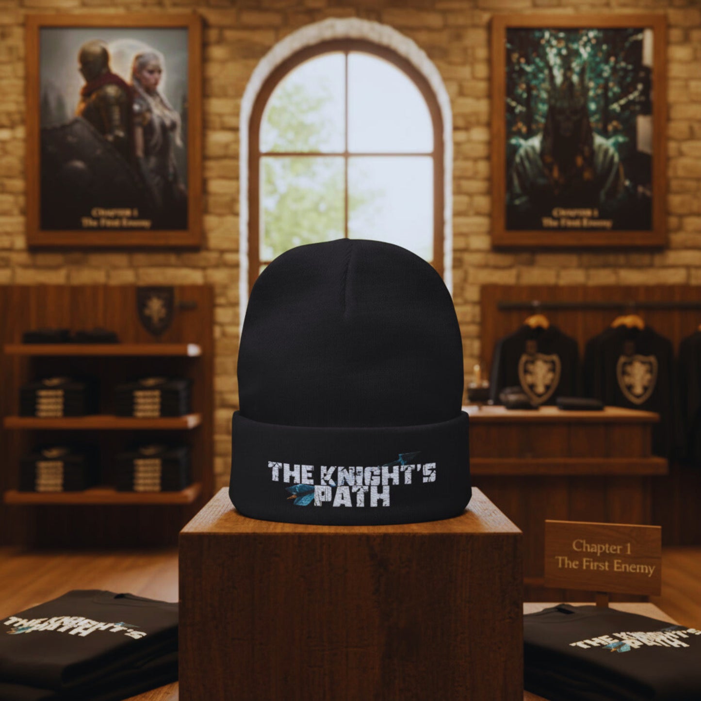 The Knight’s Path black beanie on a wooden plinth in the Chapter 1 – The First Enemy Motiv8 store, with canvases and hoodies in the background.