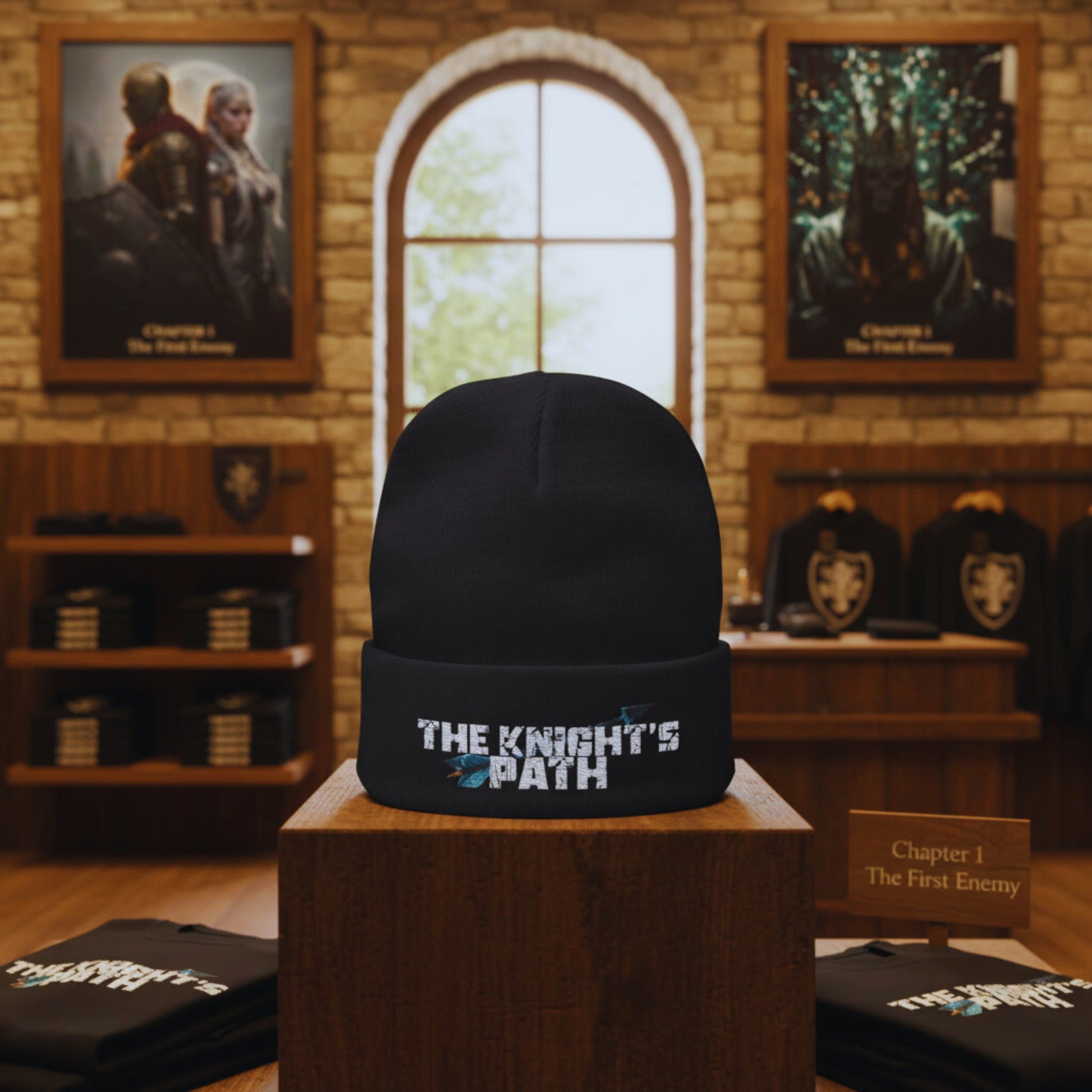 The Knight’s Path black beanie on a wooden plinth in the Chapter 1 – The First Enemy Motiv8 store, with canvases and hoodies in the background.