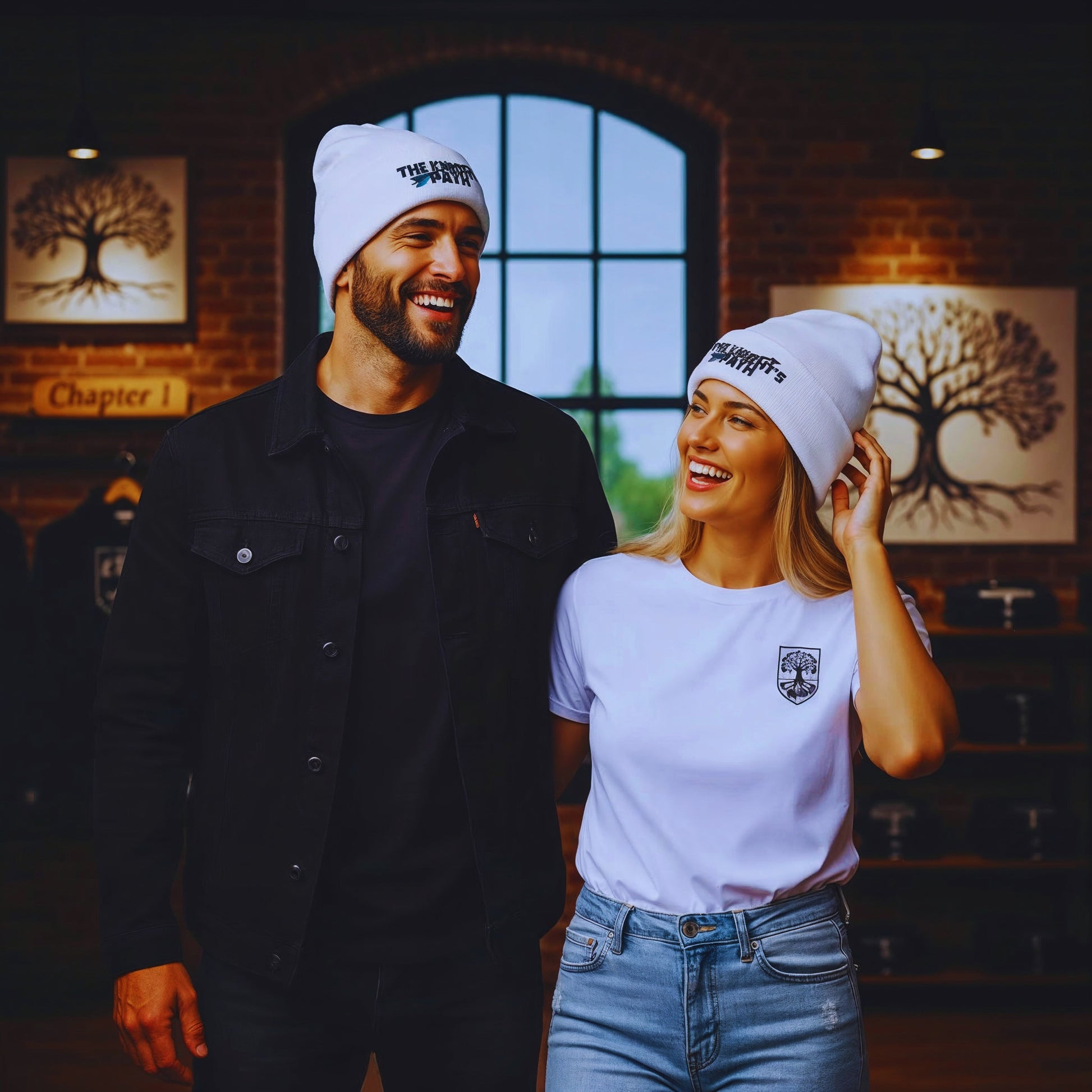 Male and female models laughing together in The Knight’s Path store, both wearing white embroidered beanies and Chapter 1 apparel, standing in front of the arched window and tree-crest canvases.