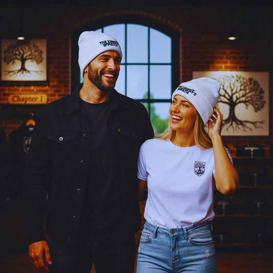 Male and female models laughing together in The Knight’s Path store, both wearing white embroidered beanies and Chapter 1 apparel, standing in front of the arched window and tree-crest canvases.