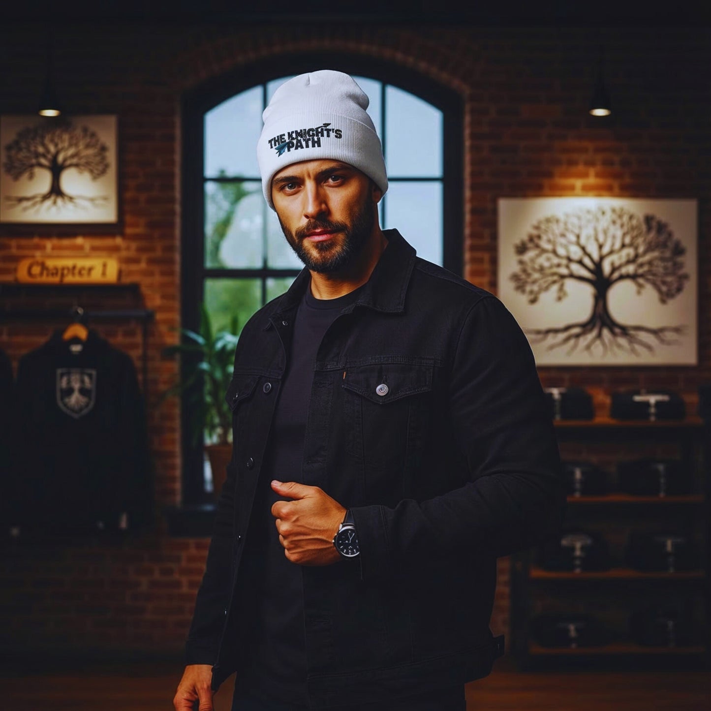 Bearded male model in black denim jacket wearing a white The Knight’s Path embroidered beanie, standing in front of the Chapter 1 tree-crest wall inside the Motiv8 store.