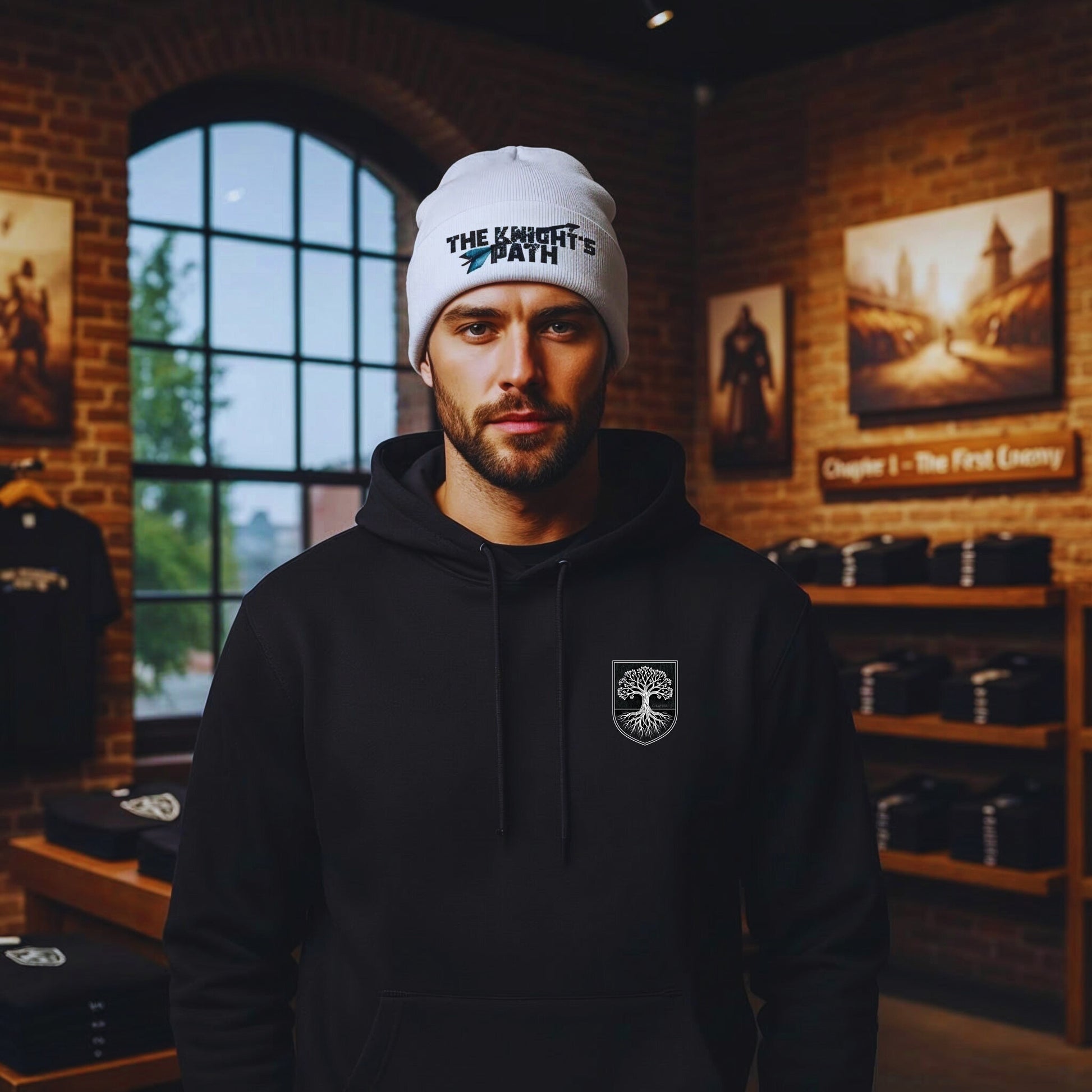 Male model in black hoodie with tree-crest badge, facing the camera inside The Knight’s Path store, wearing a white embroidered beanie with blue arrow logo.