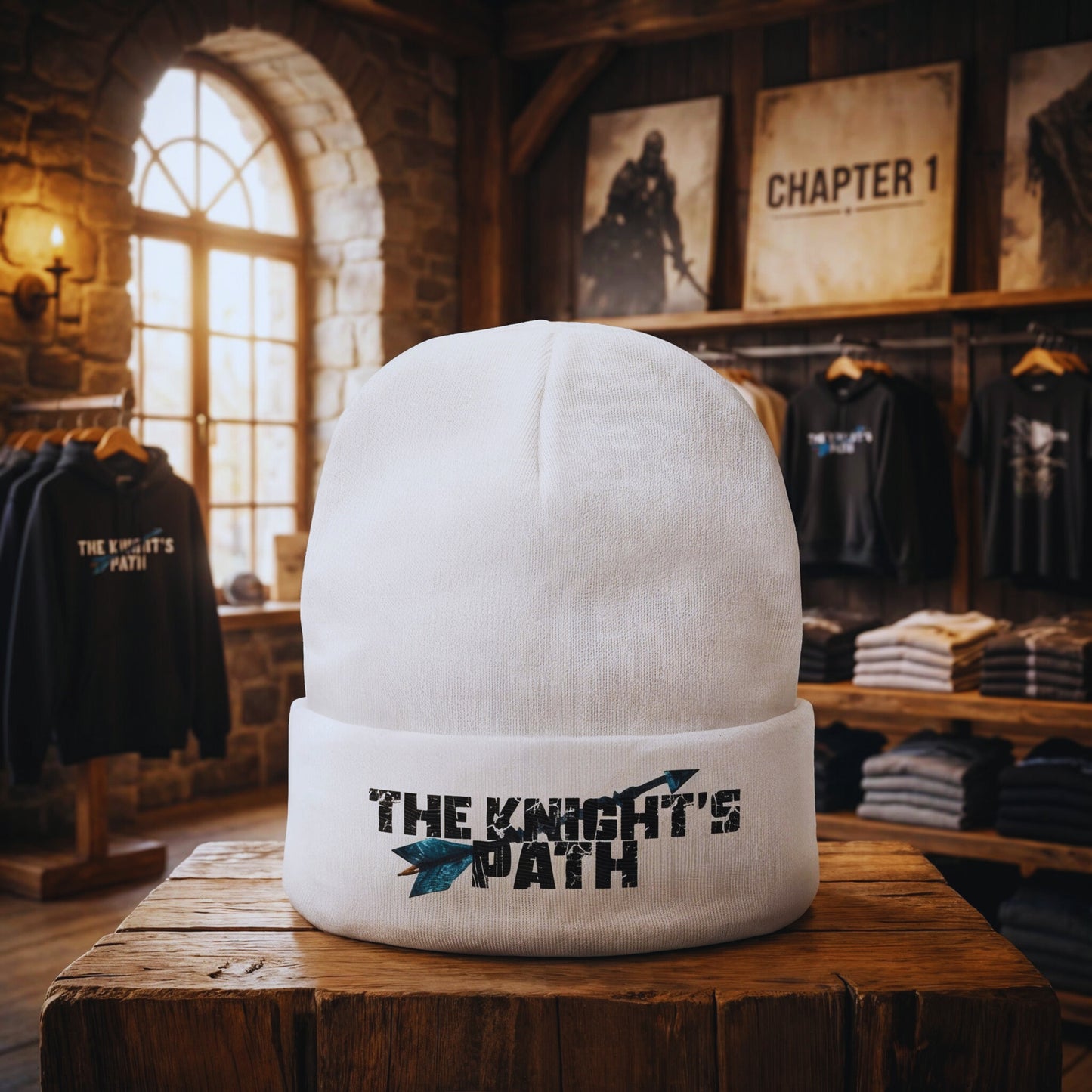 White “The Knight’s Path” embroidered beanie on a wooden pedestal inside the Motiv8 store, Chapter 1 – The First Enemy display with hoodies and tees in the background.