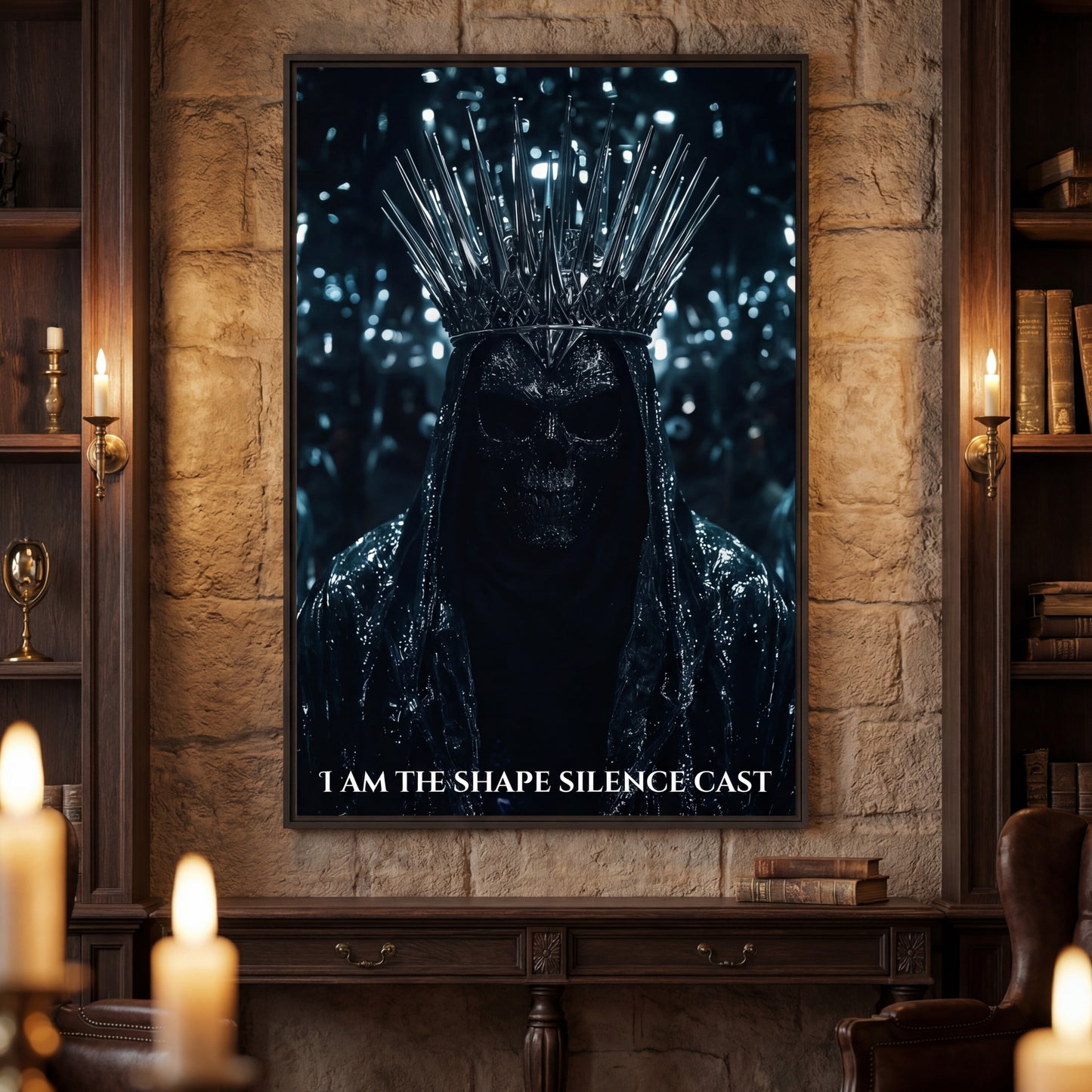 Dark fantasy “I Am The Shape Silence Cast” poster in a black frame, hanging in a candlelit stone library, adding ominous gothic energy to the room.