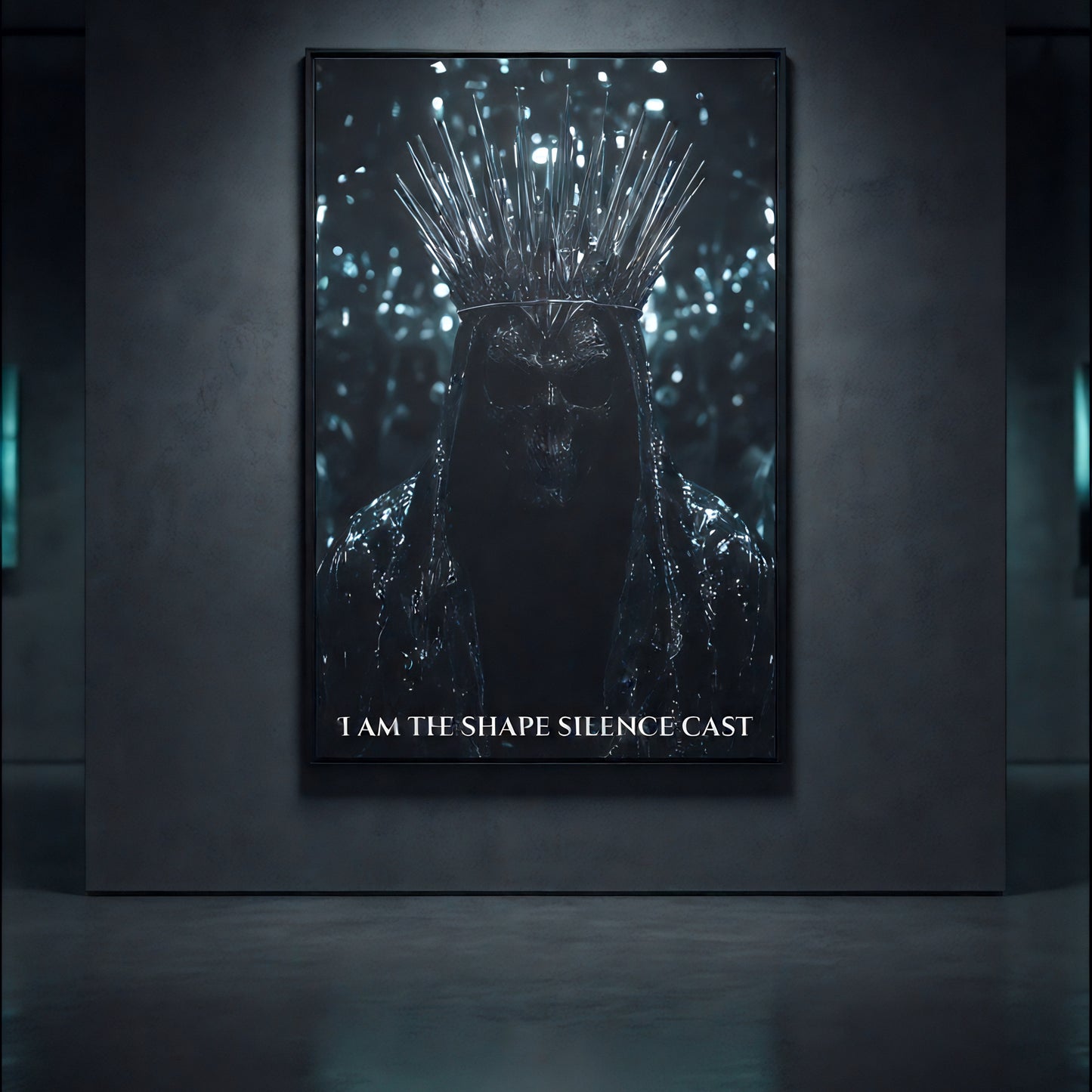 Framed “I Am The Shape Silence Cast” art print in a black frame, spotlighted on a dark gallery wall, capturing the crowned shadow figure from The Knight’s Path collection.