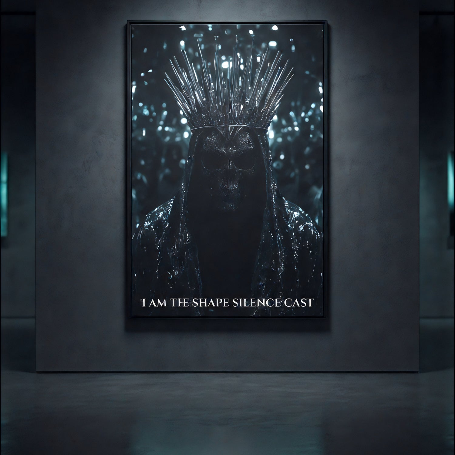 Framed “I Am The Shape Silence Cast” art print in a black frame, spotlighted on a dark gallery wall, capturing the crowned shadow figure from The Knight’s Path collection.