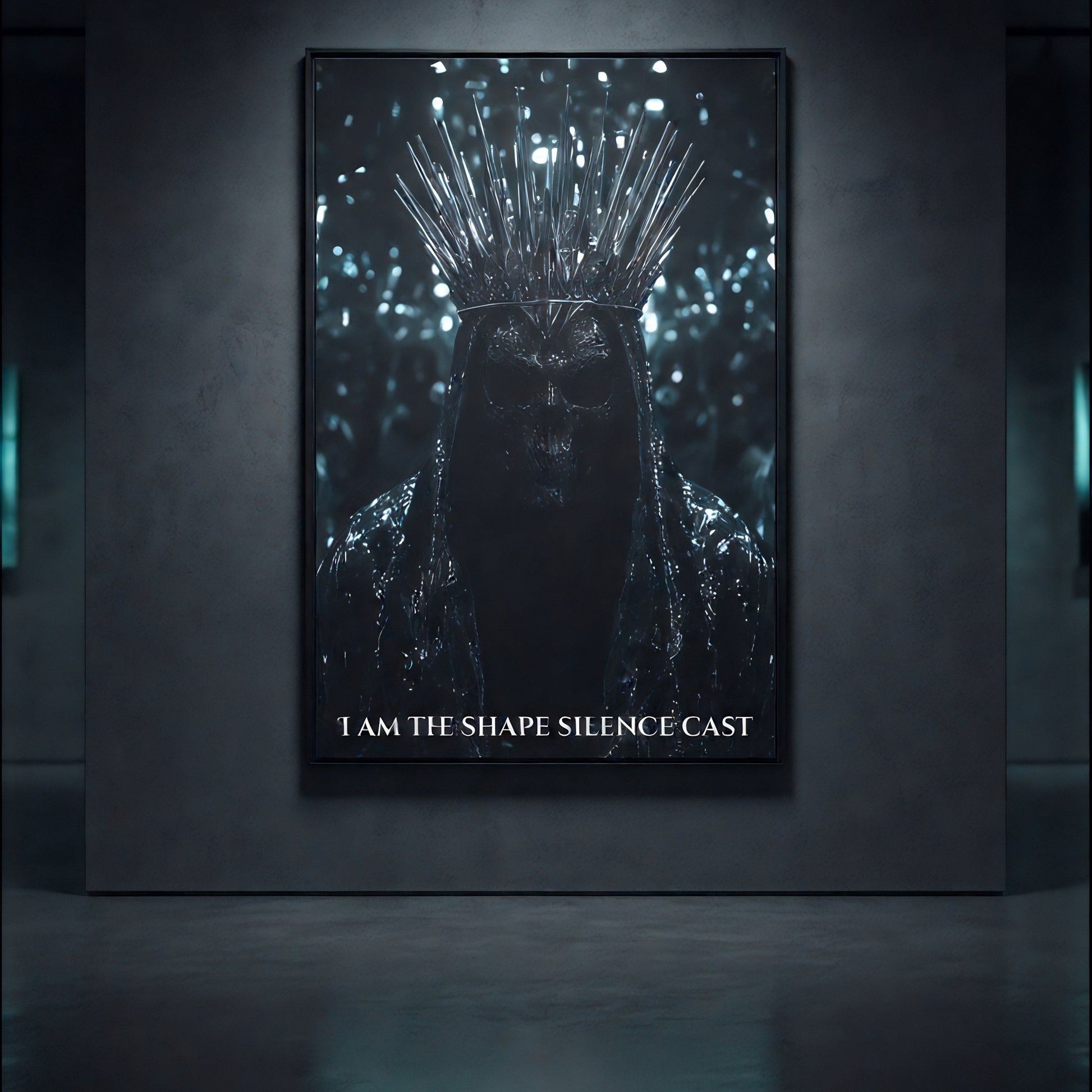 Framed “I Am The Shape Silence Cast” art print in a black frame, spotlighted on a dark gallery wall, capturing the crowned shadow figure from The Knight’s Path collection.