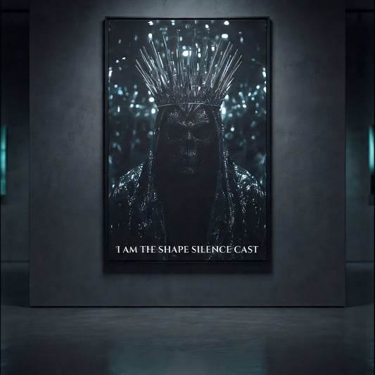 Framed “I Am The Shape Silence Cast” art print in a black frame, spotlighted on a dark gallery wall, capturing the crowned shadow figure from The Knight’s Path collection.