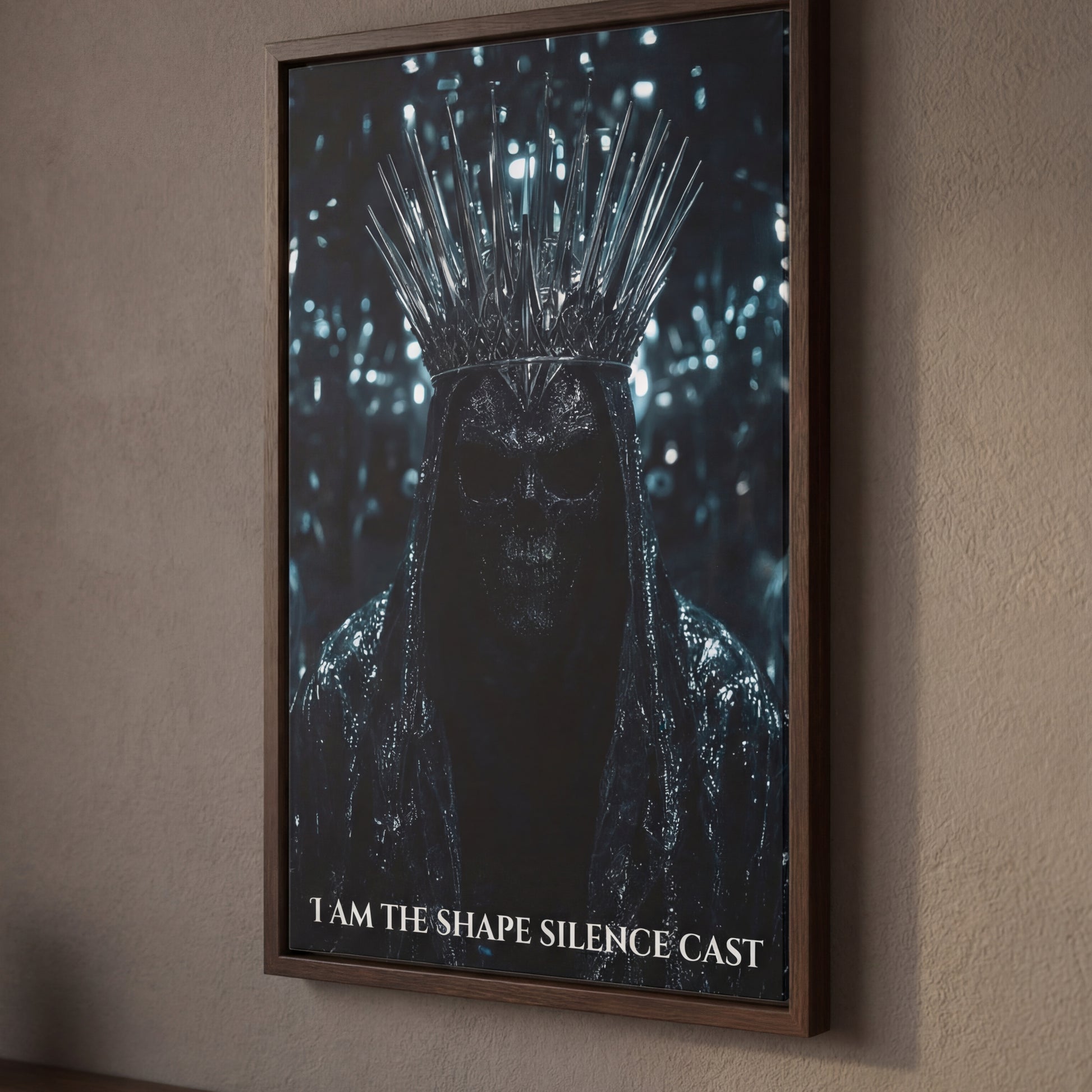 Espresso-framed “I Am The Shape Silence Cast” print on a warm textured wall, shown from the side to emphasise the rich wood frame and eerie crowned figure.