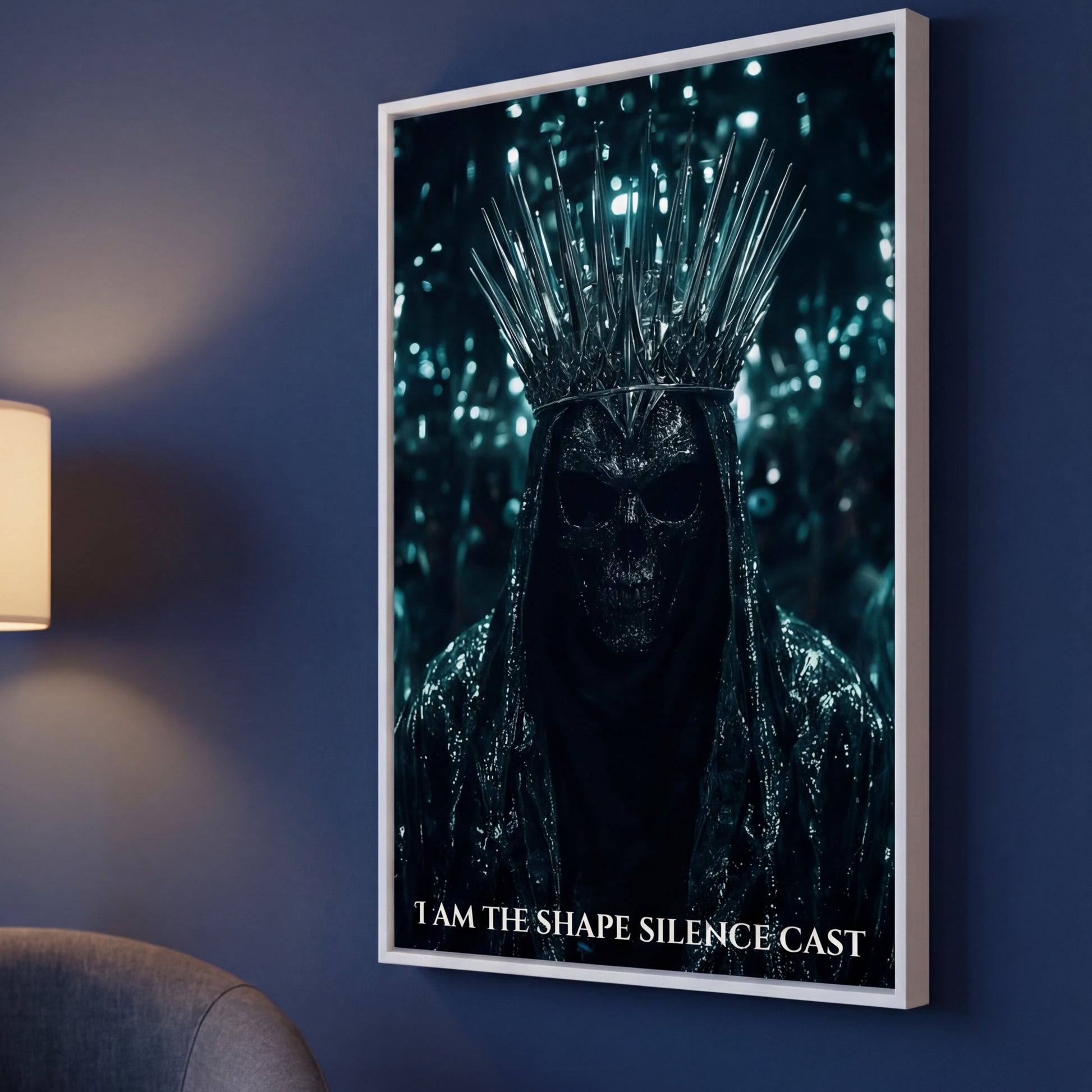 White-framed “I Am The Shape Silence Cast” artwork on a blue wall beside a soft lamp and armchair, bringing cinematic dark-fantasy drama into a cosy living space.