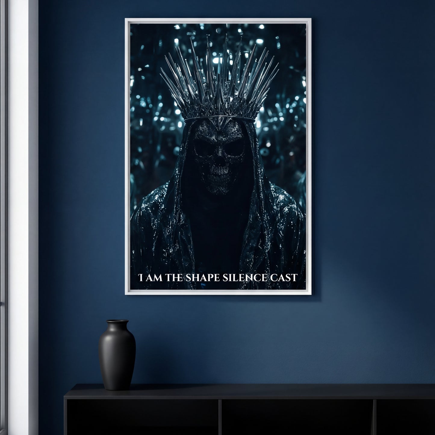 “I Am The Shape Silence Cast” framed print in a white frame on a deep blue wall above a console, blending dark fantasy artwork with modern home decor.