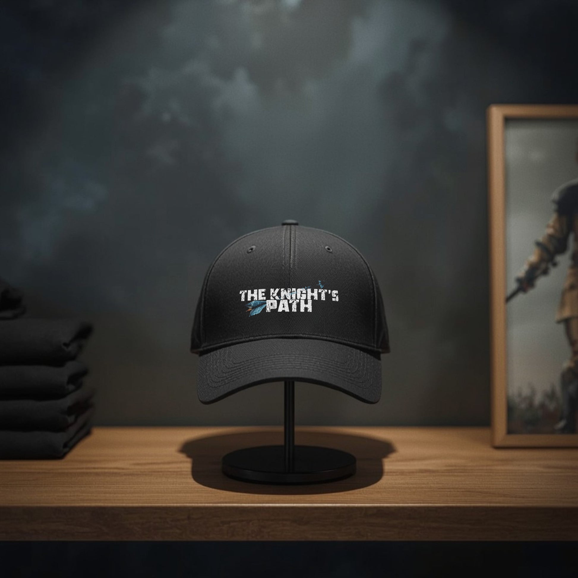 Black “The Knight’s Path” arrow logo cap on a display stand in a moody fantasy shop, framed by folded tees and warrior artwork behind.