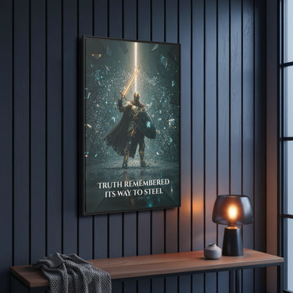 Angled view of black-framed Chapter 1 canvas—Knight lit by a vertical beam, cinematic fantasy wall art symbolising courage and truth.