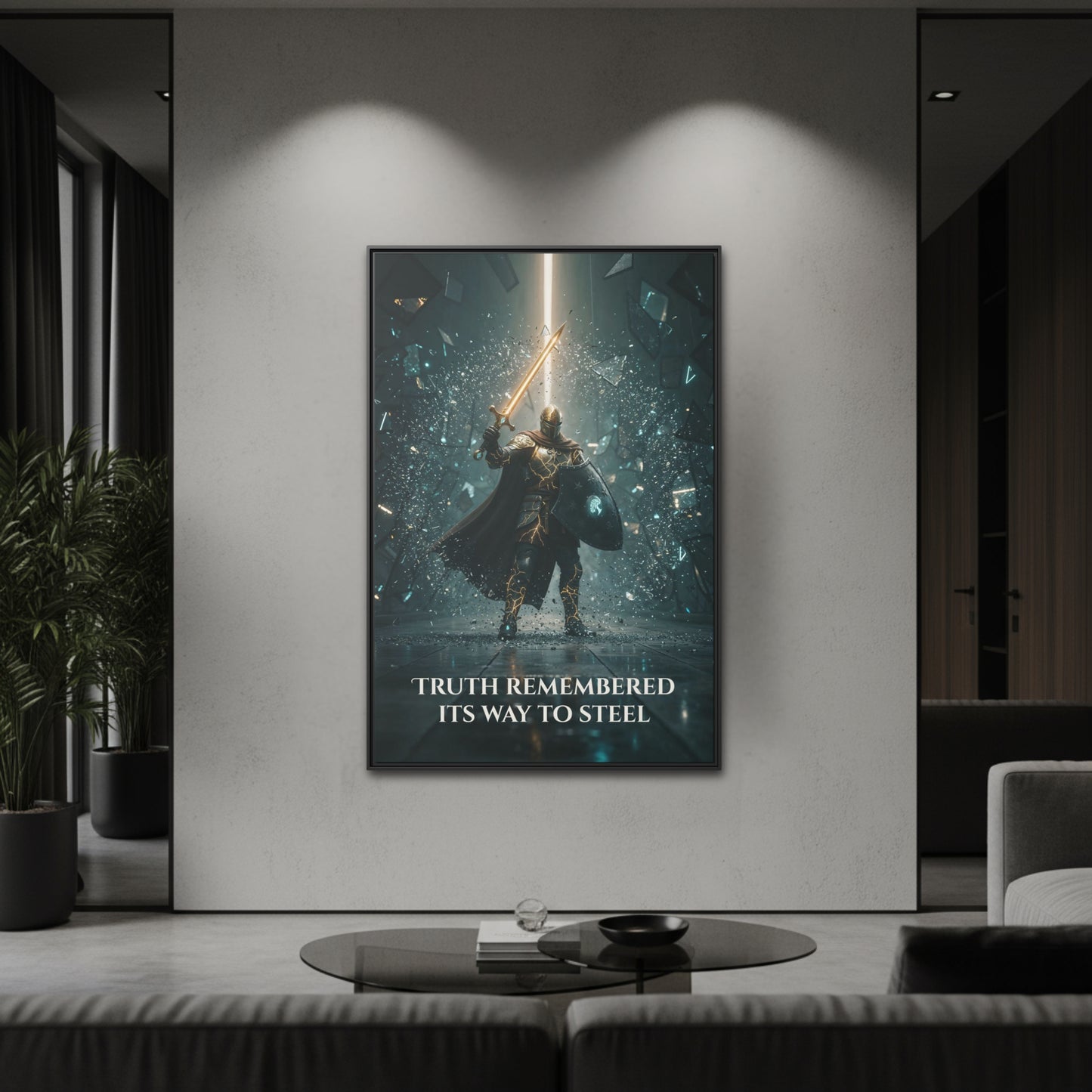 Chapter 1 Knight raising a glowing sword as shards explode—“Truth Remembered Its Way to Steel” matte framed canvas, black frame on modern wall.