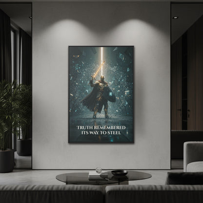 Chapter 1 Knight raising a glowing sword as shards explode—“Truth Remembered Its Way to Steel” matte framed canvas, black frame on modern wall.