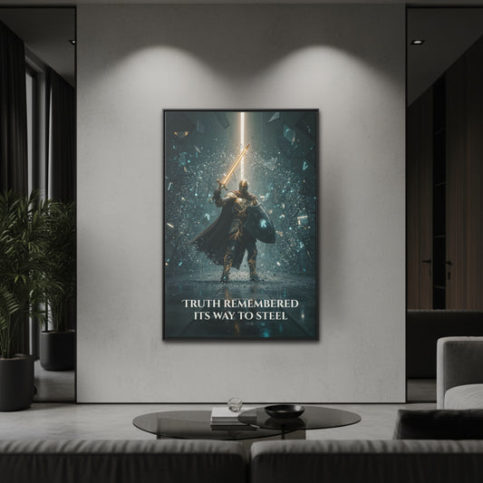 Chapter 1 Knight raising a glowing sword as shards explode—“Truth Remembered Its Way to Steel” matte framed canvas, black frame on modern wall.