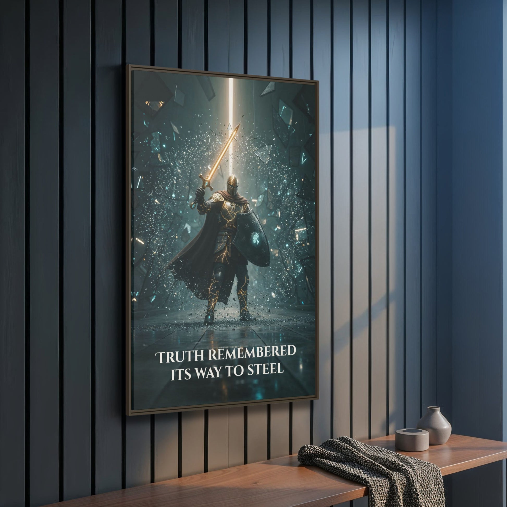 Side angle of espresso frame showing matte texture—“Truth Remembered Its Way to Steel” vertical canvas from The Knight’s Path, Chapter 1.