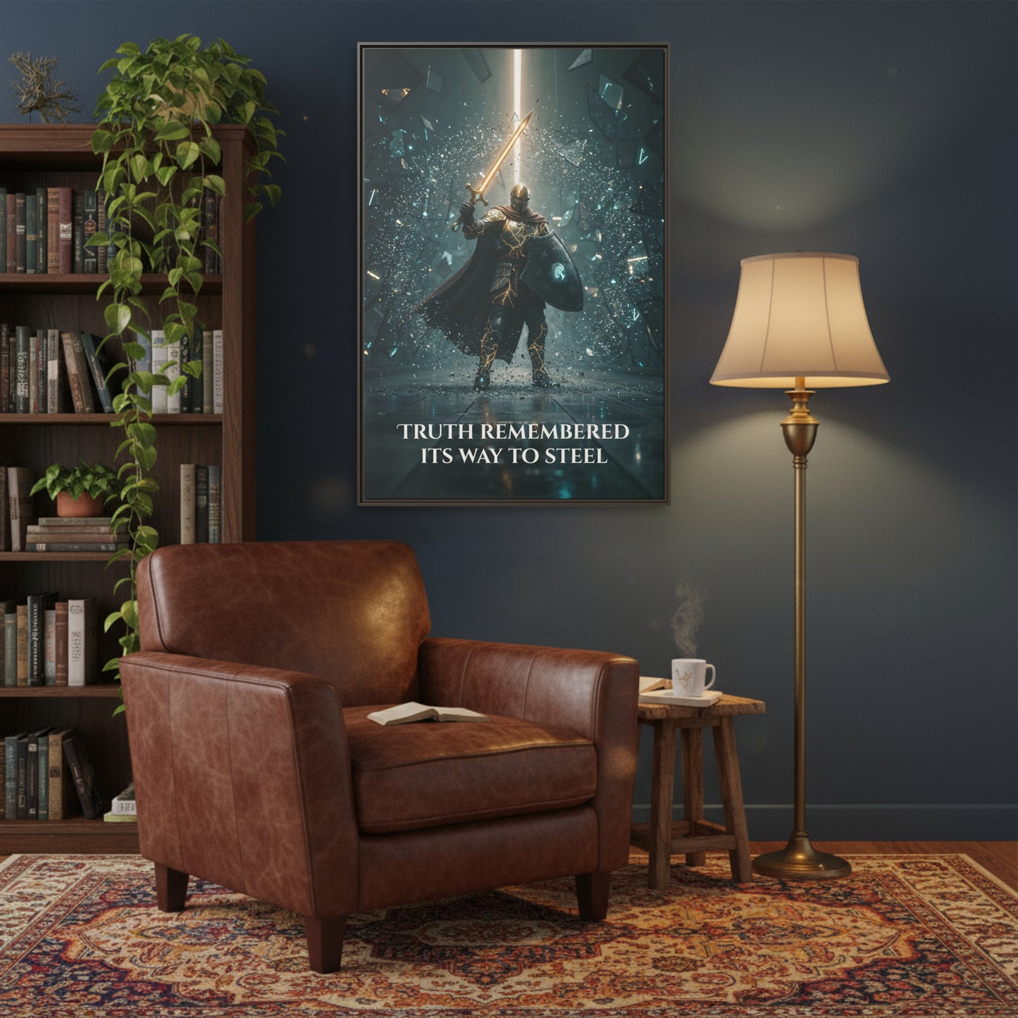 Espresso-framed Chapter 1 Knight canvas in a cozy reading corner—premium fantasy print reminding you to act with integrity.