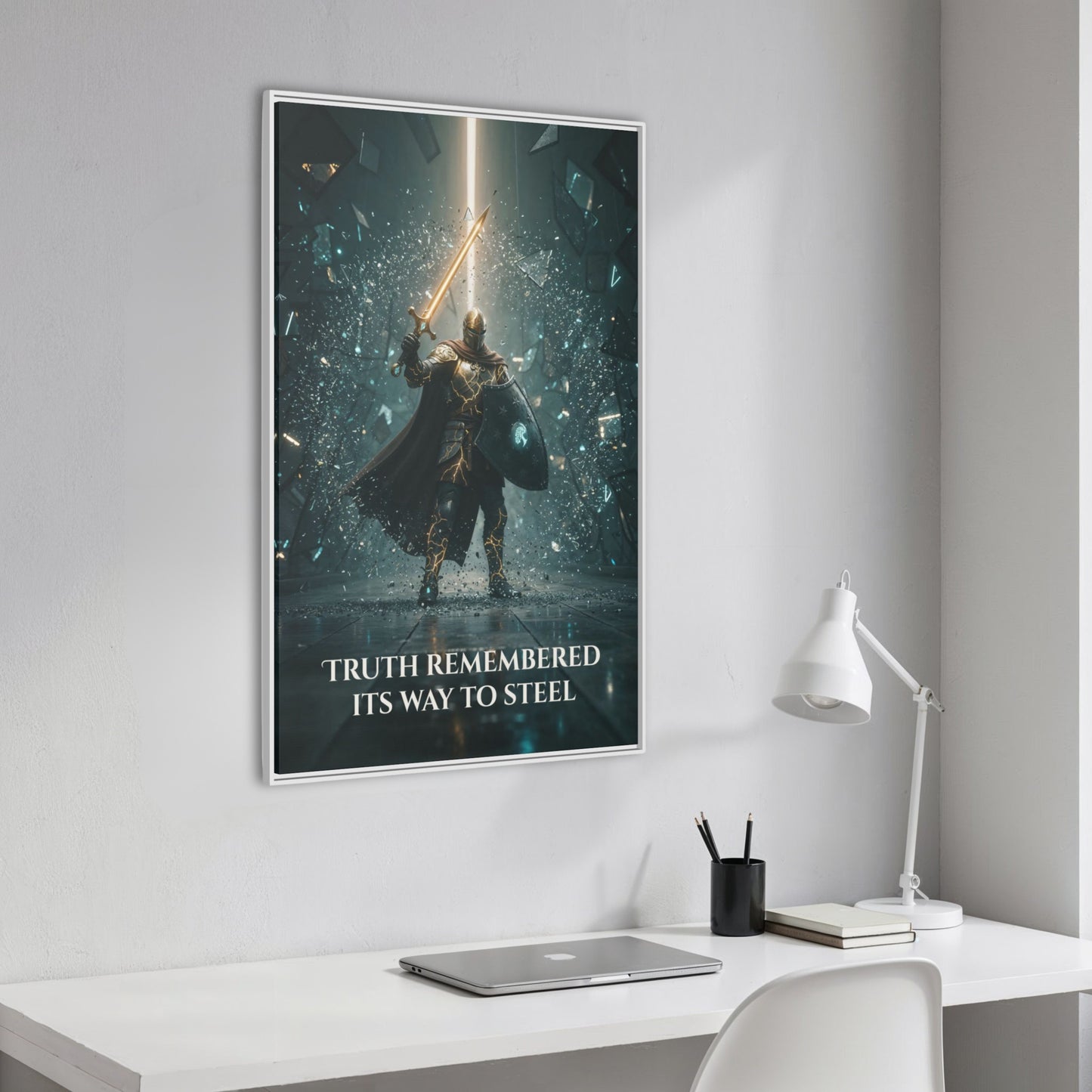 Angled view of white frame showing matte texture—“Truth Remembered Its Way to Steel” vertical canvas from The Knight’s Path, Chapter 1.